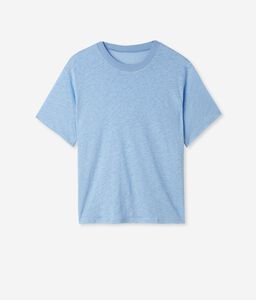 T-shirt με Στρογγυλή Λαιμόκοψη από Λινό με Πλεκτή Μπορντούρα