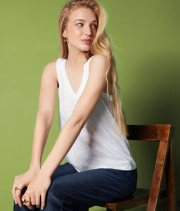 Linen Jersey Top with Symmetrical V-Neck