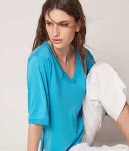 Wide Sleeved V-neck Silk and Cotton Sweater