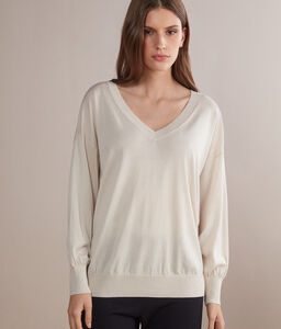 V-neck Silk and Cotton Jumper with Balloon Sleeves