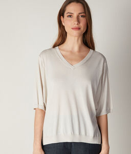 V-Neck Silk and Cotton Jumper with Wide Sleeves