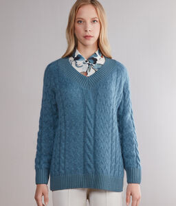 Mohair Wool V-Neck Cable-Knit Maxi-Jumper