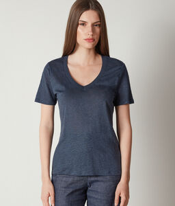 Linen V-neck T-shirt with Knitted Edge
