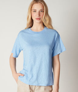 Crew-Neck Linen T-shirt with Knitted Trim