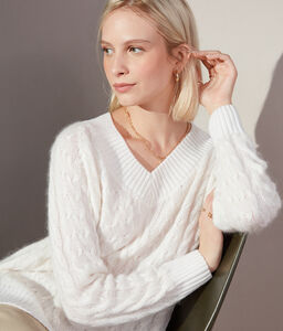 Oversized V-Neck Sweater in Cable-Knit Mohair