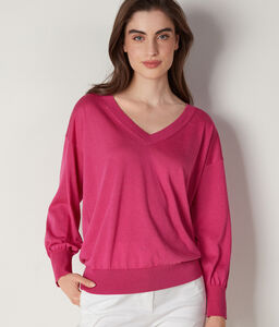 V-neck Silk and Cotton Shirt with Puff Sleeves