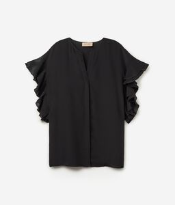 Short-Sleeve Ruched Silk V-Neck Shirt