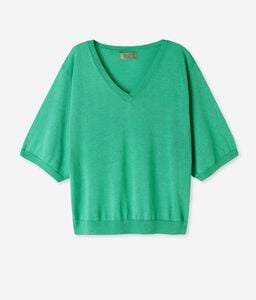 V-Neck Silk and Cotton Jumper with Wide Sleeves