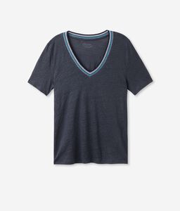 Λινό T-Shirt με Λαιμόκοψη V και Πολύχρωμη Μπορντούρα