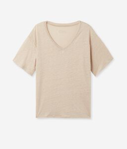 Camiseta con cuello de pico de lino con bordes de redecilla