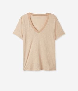 Camiseta de lino con cuello de pico con borde de punto