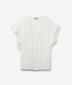 Silk Short-Sleeved V-Neck Shirt with Ruffles