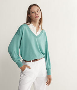 Silk and Cotton V-Neck Sweater with Balloon Sleeves
