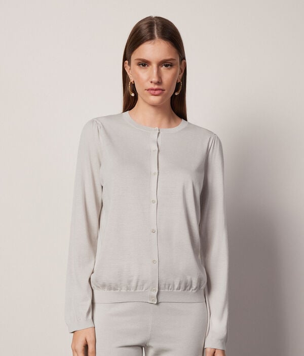 Ultrafine Cashmere Cardigan with Flounce Sleeves