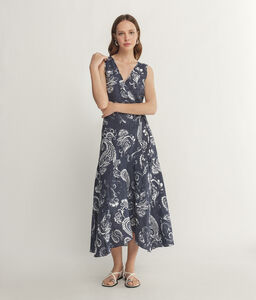 Crossover Dress in Printed Linen