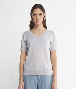 T-shirt à col V et manches courtes en soie et coton