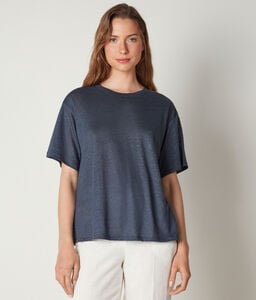 T-shirt à col rond en lin avec bord en maille