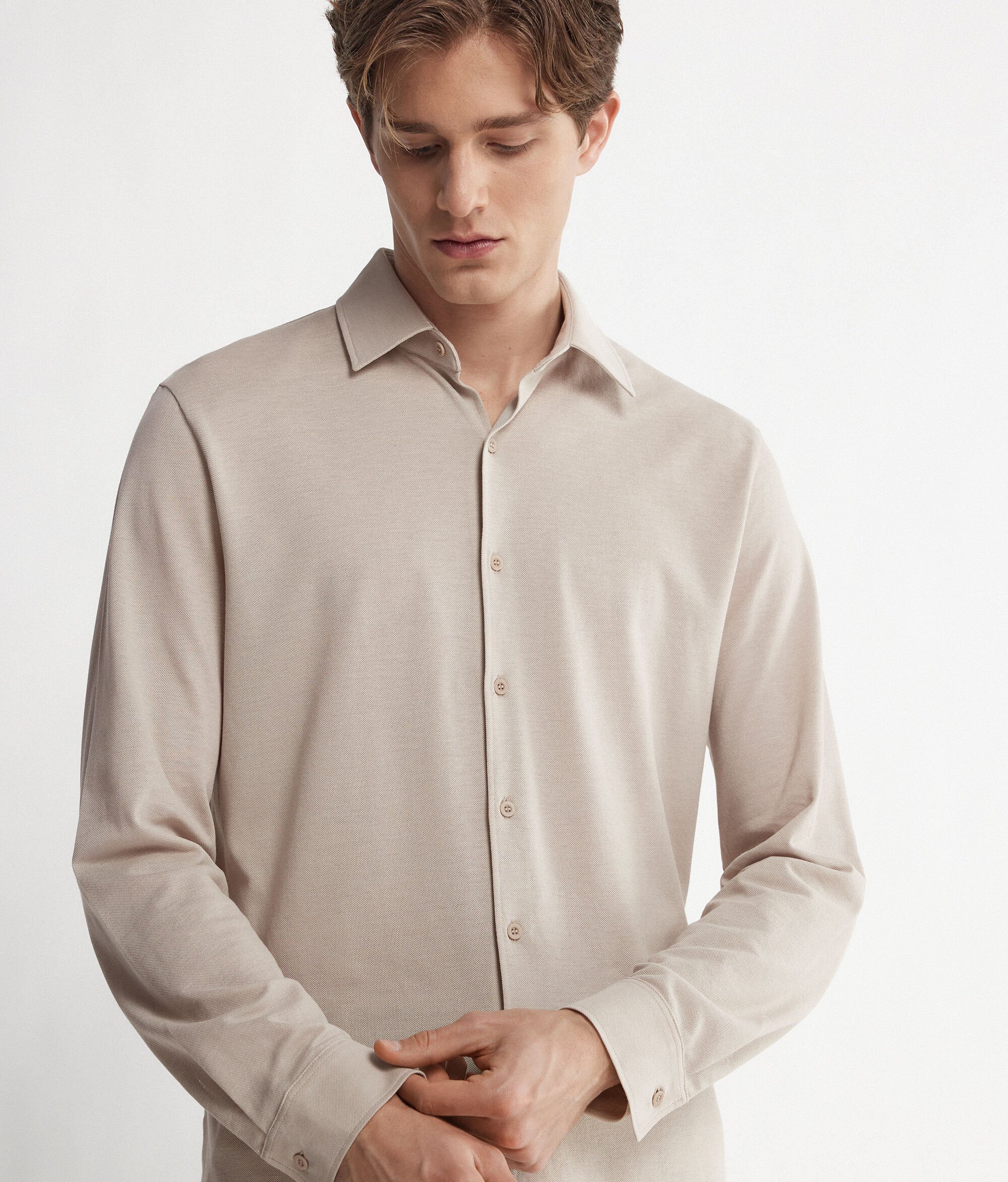 Long-Sleeved Shirt in Cotton and Silk Piqué