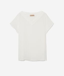 T-shirt de Seda com Decote em V Quimono