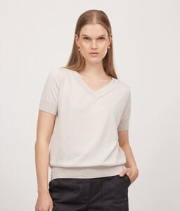 T-shirt à col V et manches courtes en soie et coton