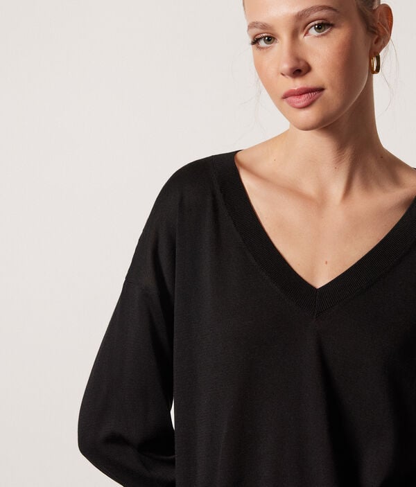 V-Neck Silk and Cotton Jumper with Balloon Sleeves