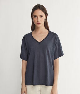 V-Neck Linen T-Shirt with Mesh Trim