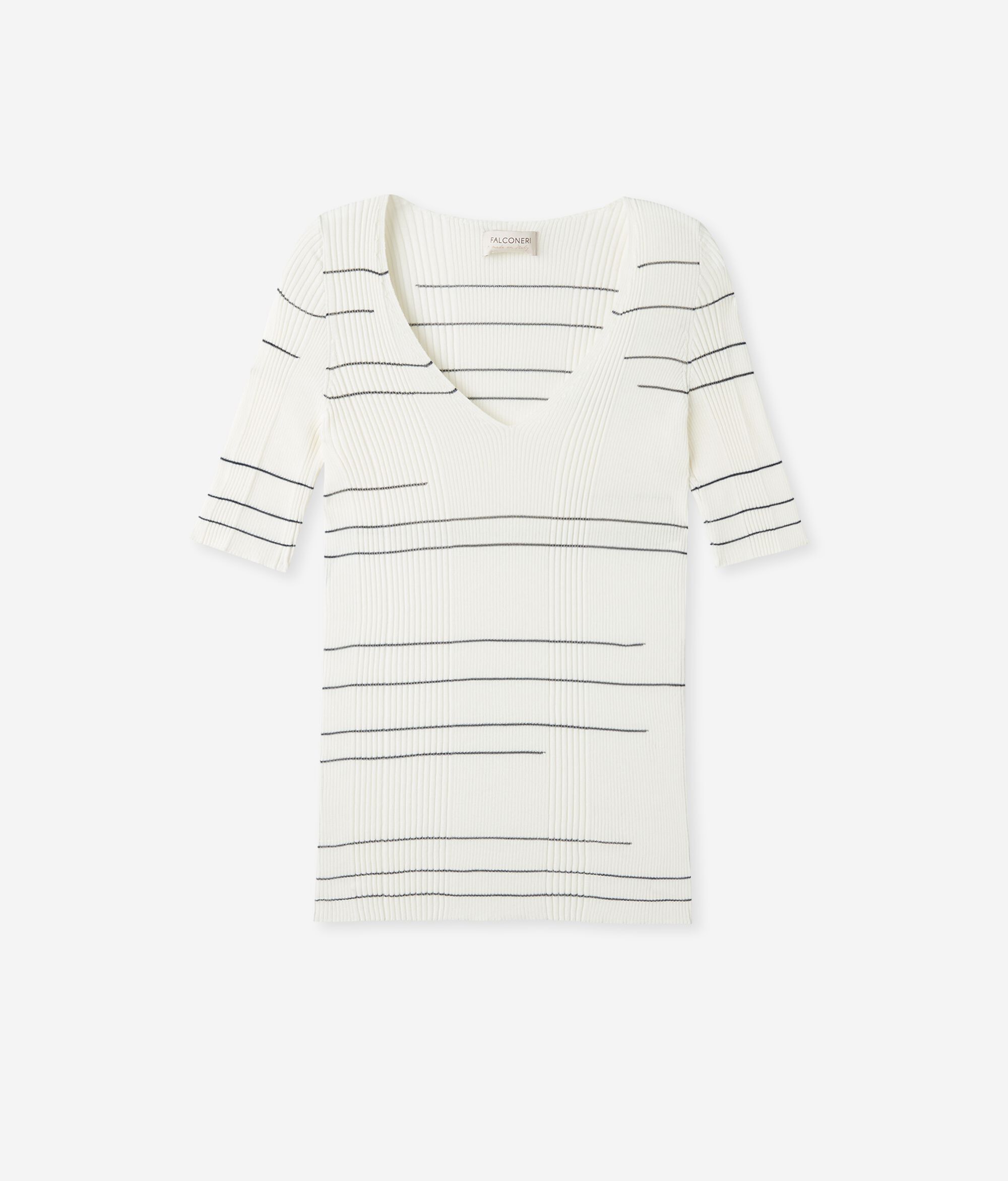 V-neck T-shirt in Ribbed Striped Cotton