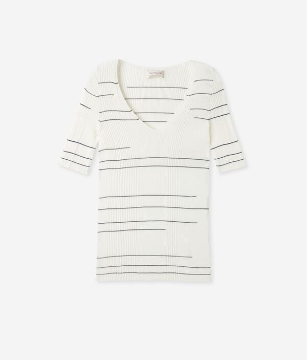 V-neck T-shirt in Ribbed Striped Cotton