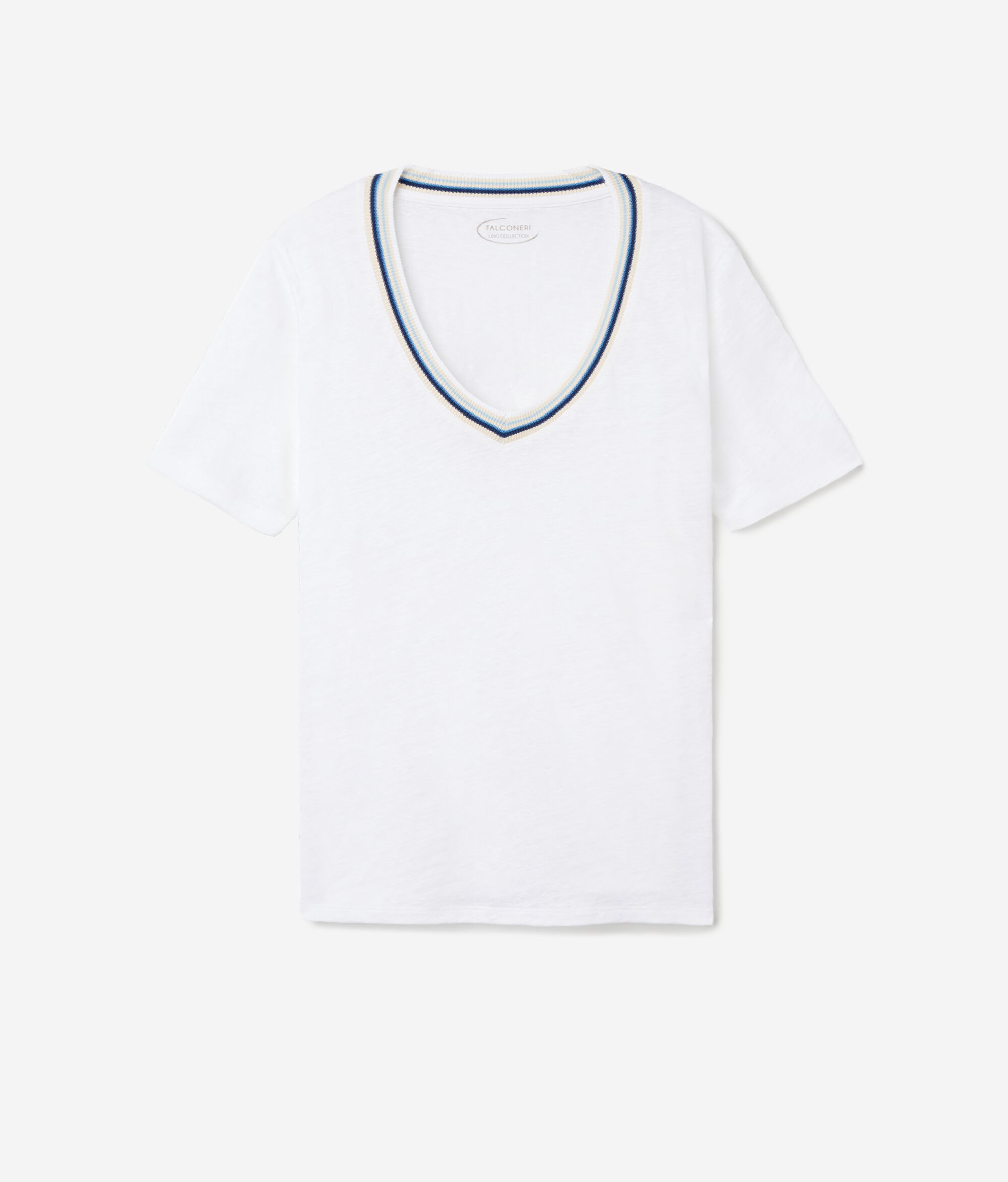 Linen V-Neck T-Shirt with Multicolor Trim
