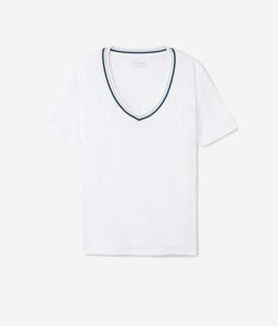 Lniany t-shirt z dekoltem w szpic z kolorową lamówką