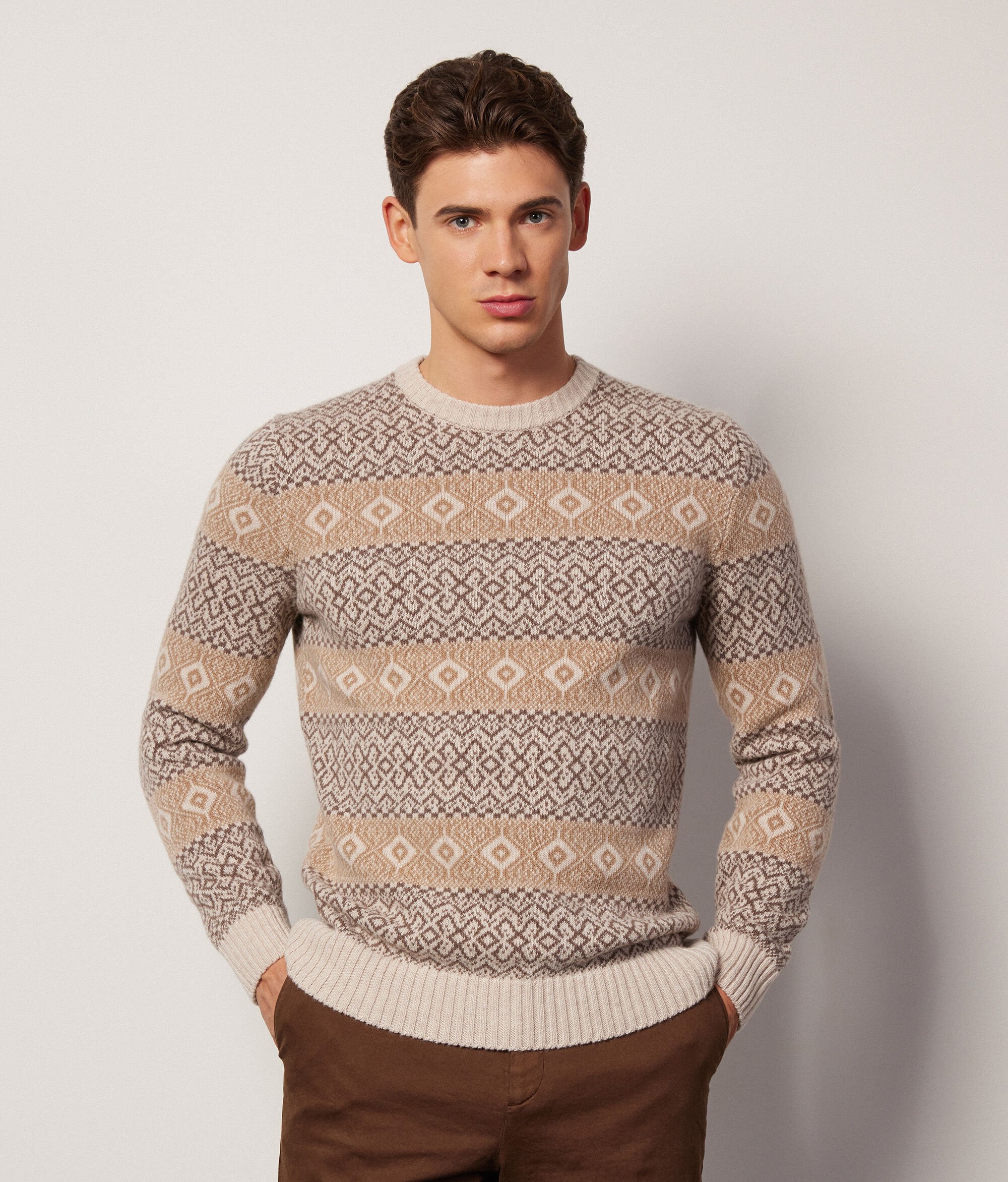 Wool Jacquard Two-Tone Crewneck Sweater