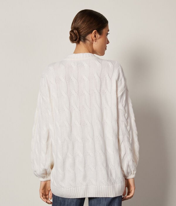 Crewneck Cable-Knit Maxi Cardigan in Ultrasoft Cashmere with Zipper