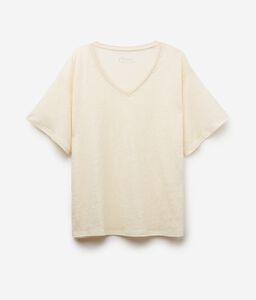 Lniany t-shirt z dekoltem w szpic z siateczkową lamówką