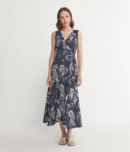 Crossover Dress in Printed Linen