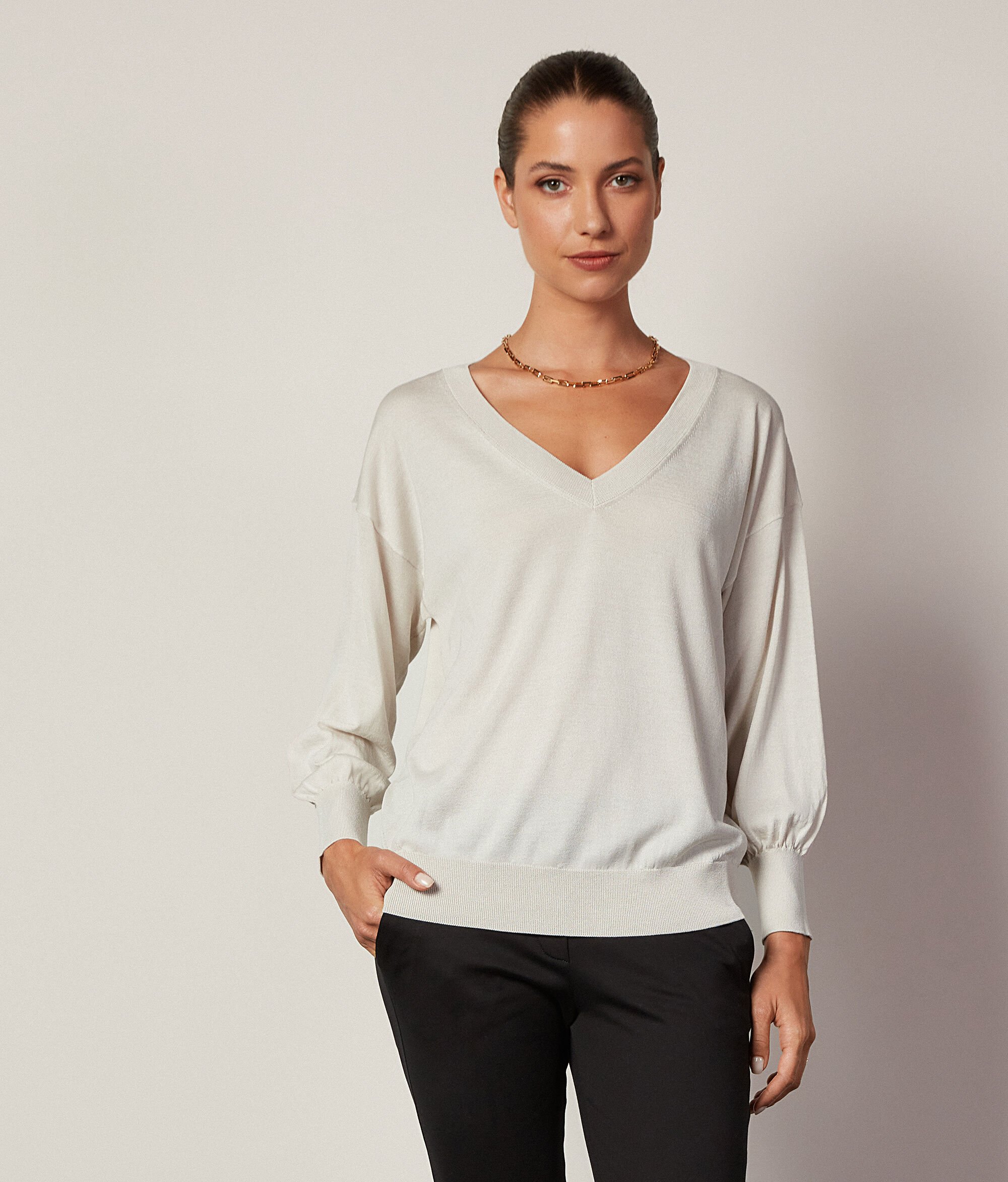 Silk and Cotton V-Neck Sweater with Balloon Sleeves
