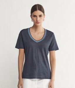 V-Neck Linen T-Shirt with Multicolour Trim
