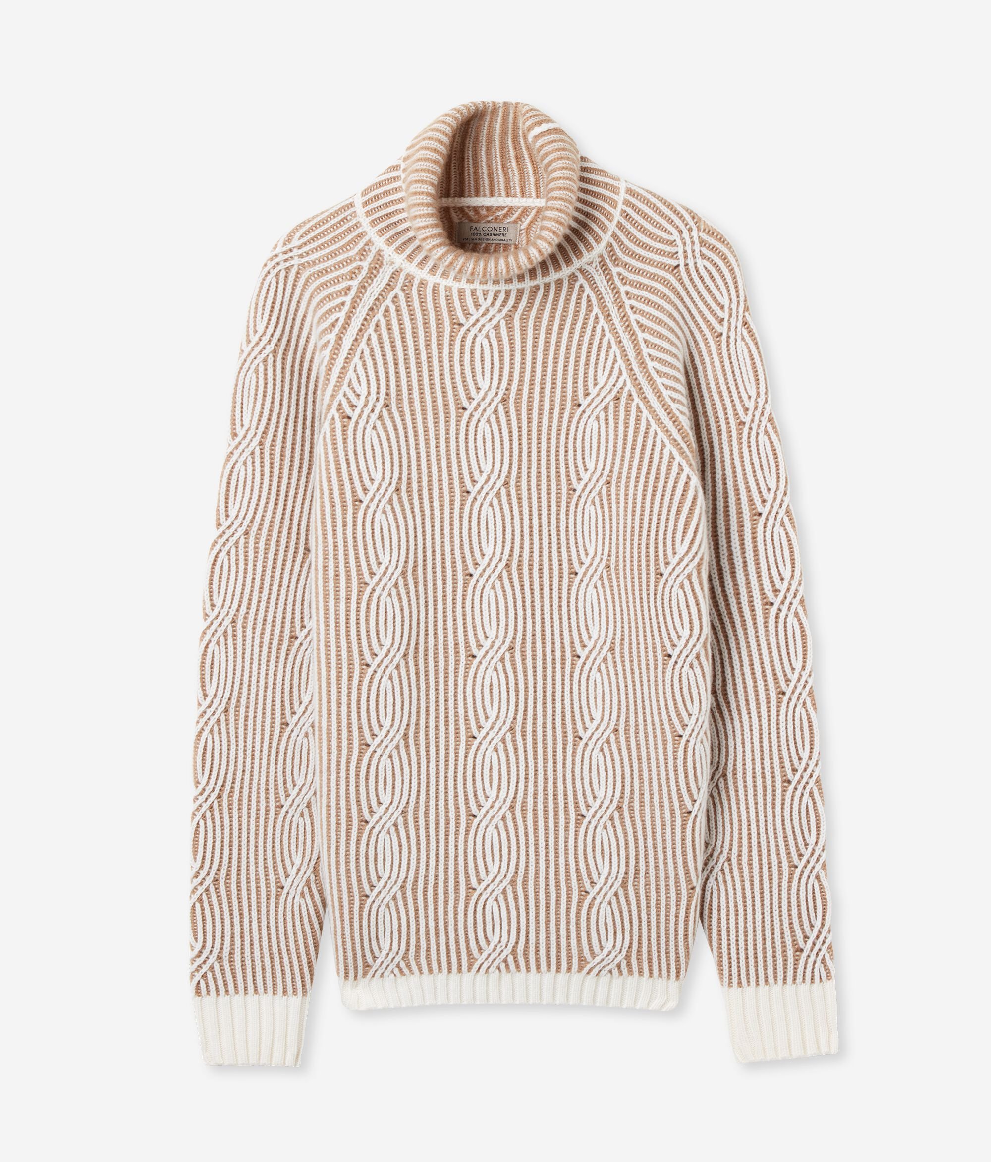 Two-Toned Cable-Knit Turtleneck Sweater in Ultrasoft Cashmere
