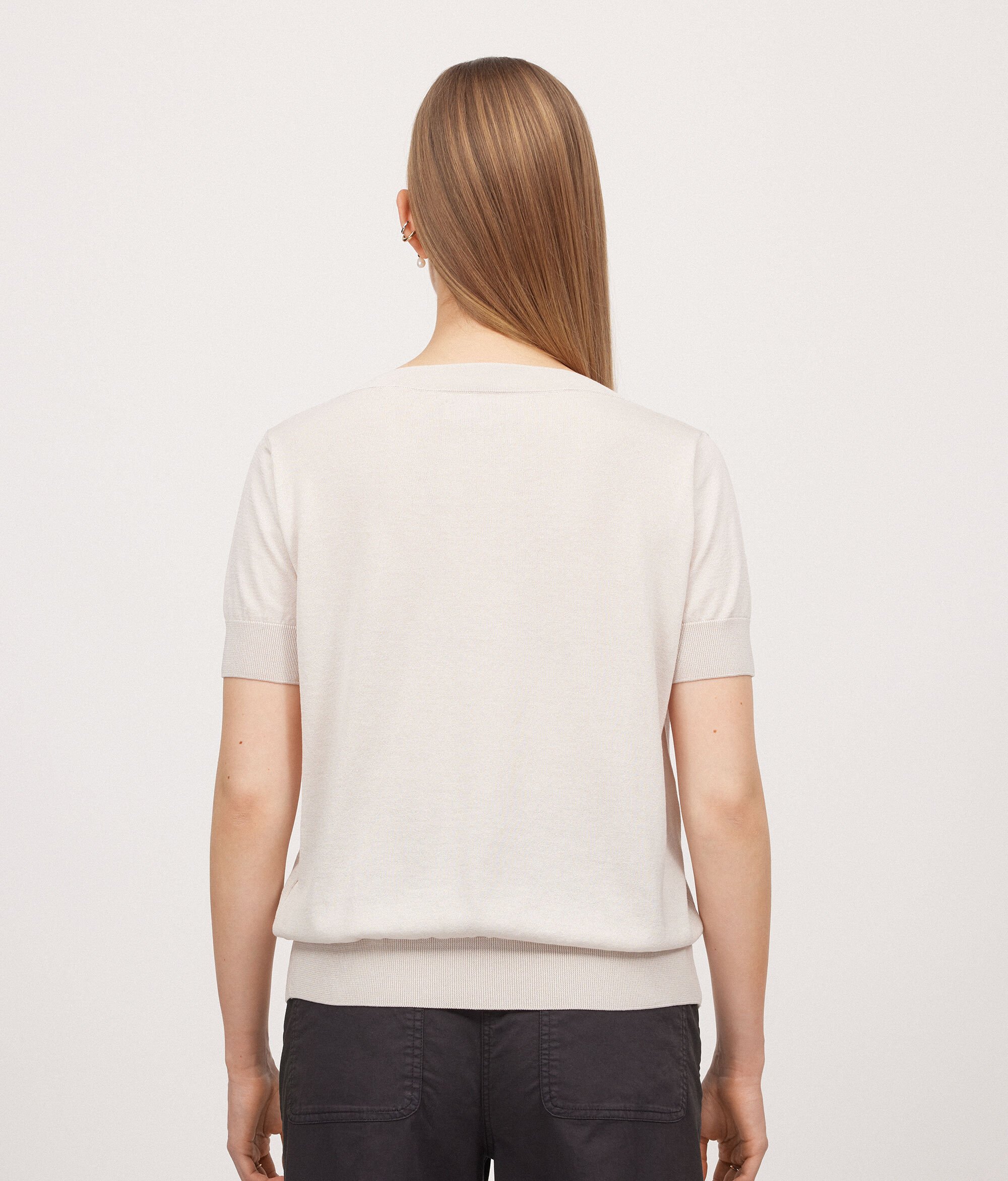 Silk and Cotton V-Neck Sweater with Short Sleeves