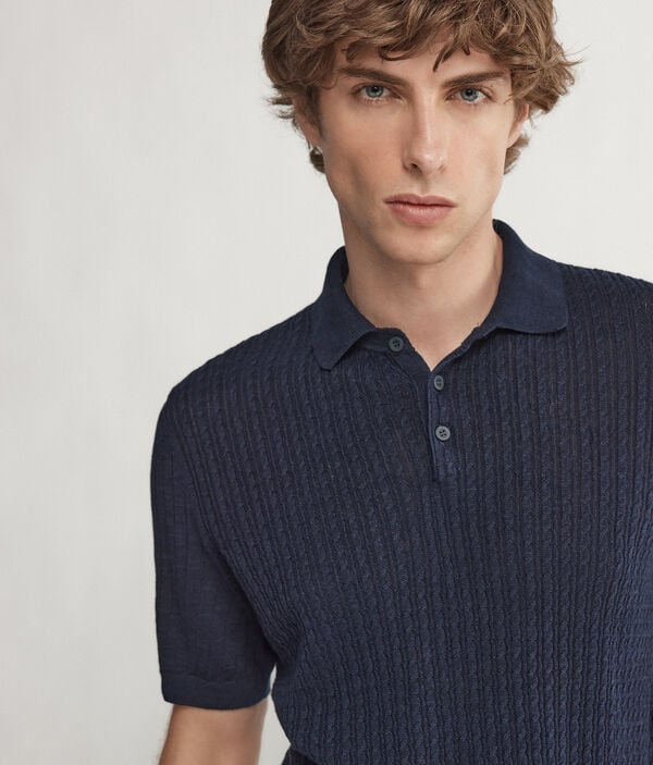 Half-Sleeve Ribbed Cable-Knit Polo